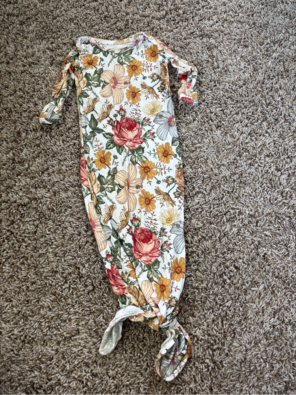 Floral bamboo Baby Gown with Knot Bottom - Cream, Mustard & Rose